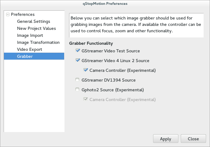 Grabber preferences on Linux plattform